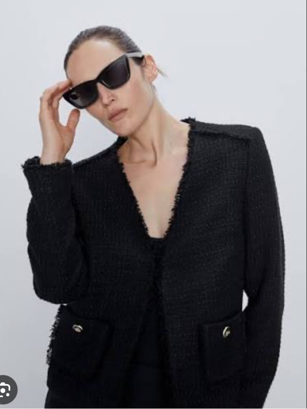 Zara Black Fringed Tweed Open-Front Blazer